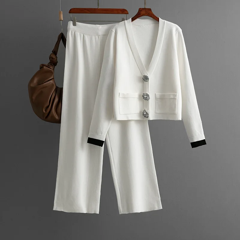 Herfst en winter mode damespak nieuwe V-hals lange mouwen gebreid nep 2-delig vest + elastische taille wijde pijpen broek 2-delige set
