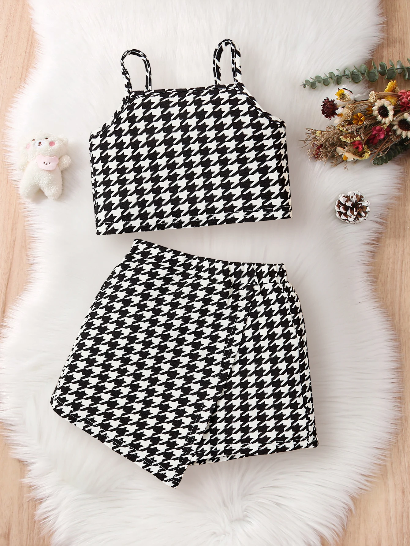 Zestaw spódnic dla dziewczynek Letni nowy styl Houndstooth Krótki top na ramiączkach i swobodna spódnica dla dzieci i dziewczynek 2-częściowy zestaw
