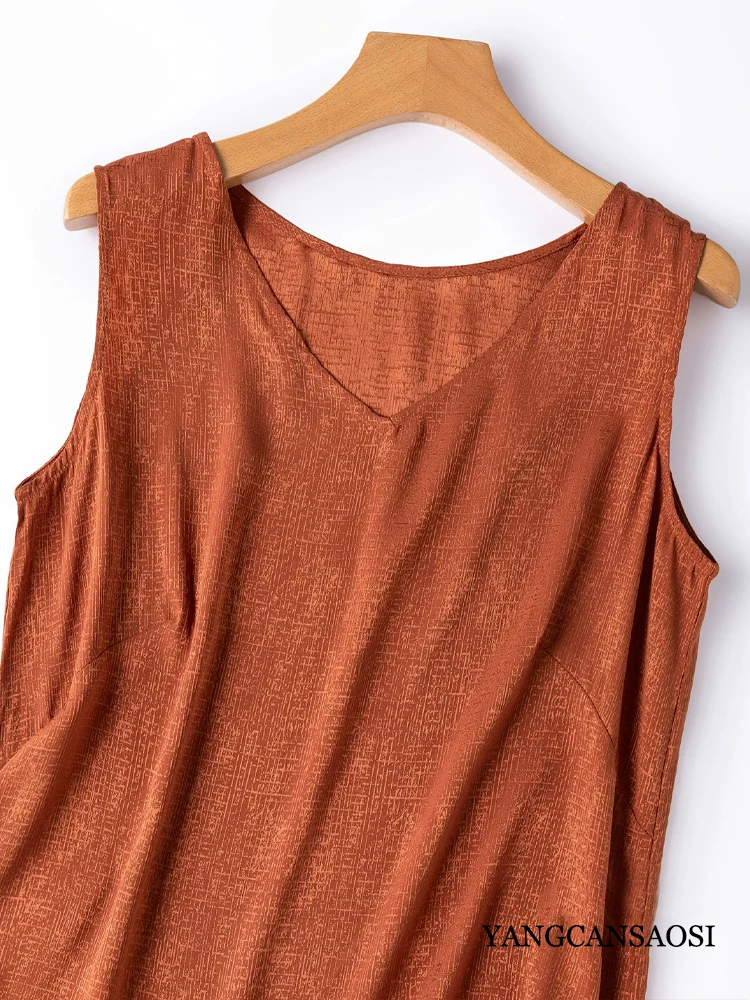 2026 Women's Casual Summer New 93%Natural Mulberry Silk Elastic Jacquard SangBo Satin Orange Skin-Friendly Versatile V-neck Vest