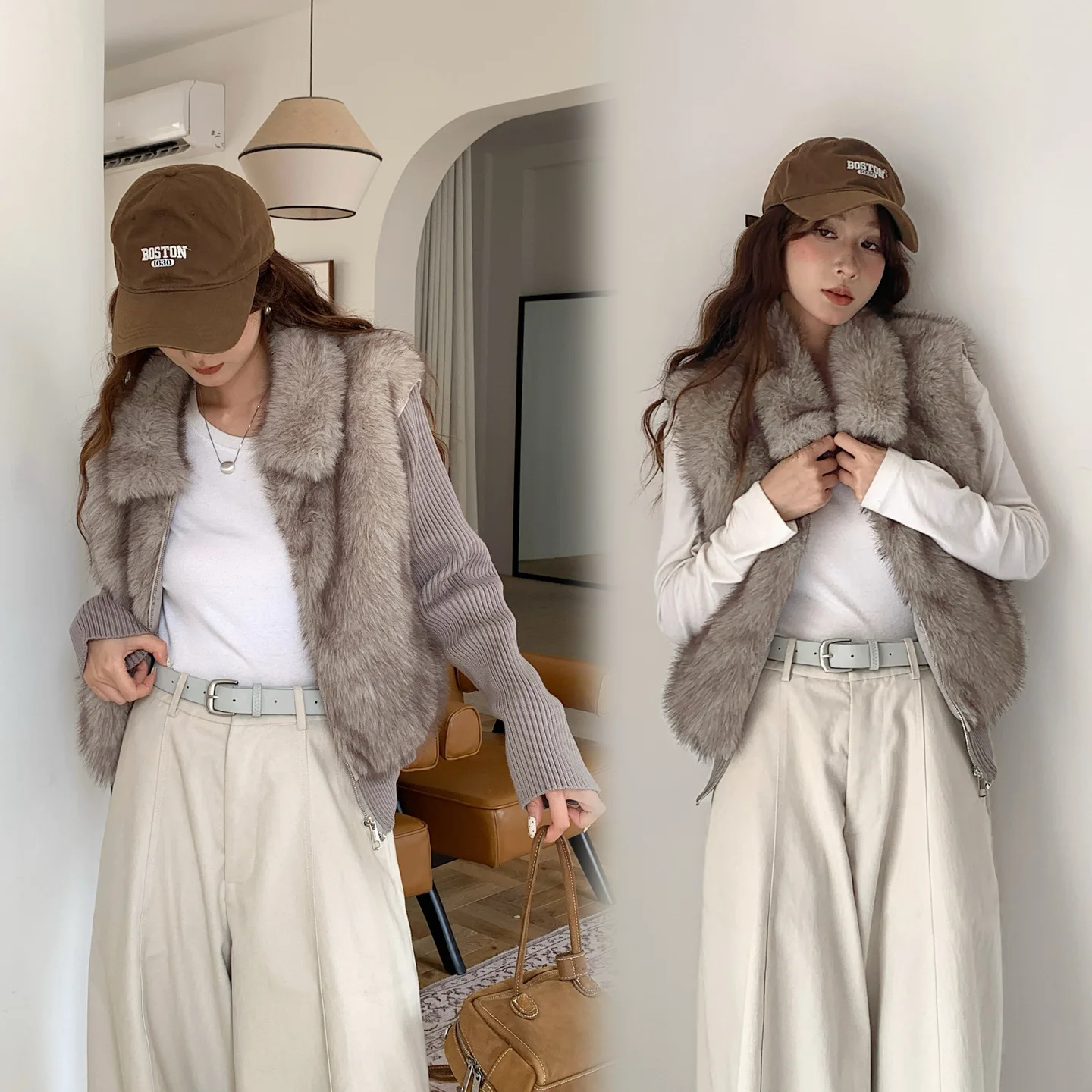 2026 Autumn Winter Women Imitation Fur Jacket Lapel Splicing Knitted Sleeve Zipper Coat Removable Sleeve Vest Female Outerwear