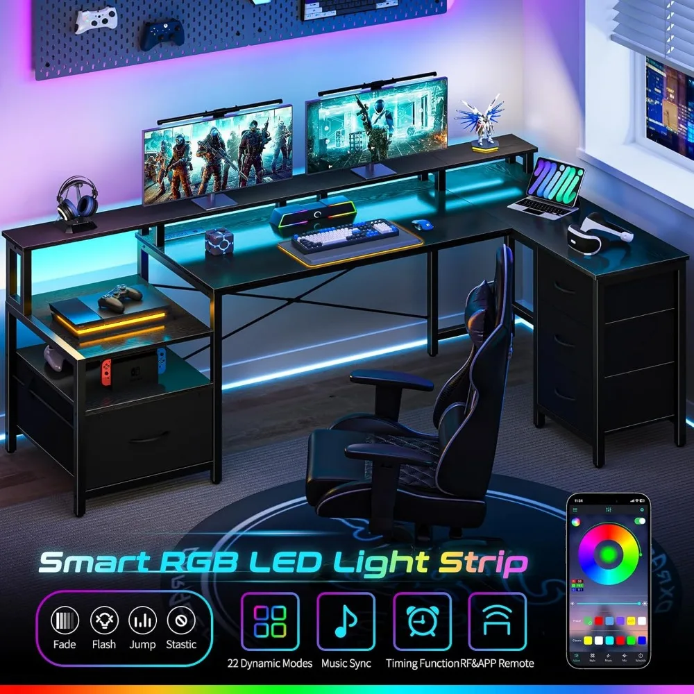 LShaped Desk with Drawers, Gaming Desk with LED Lights& Outlets,Reversible Computer Desk with Storage File Cabinet&Printer Stand