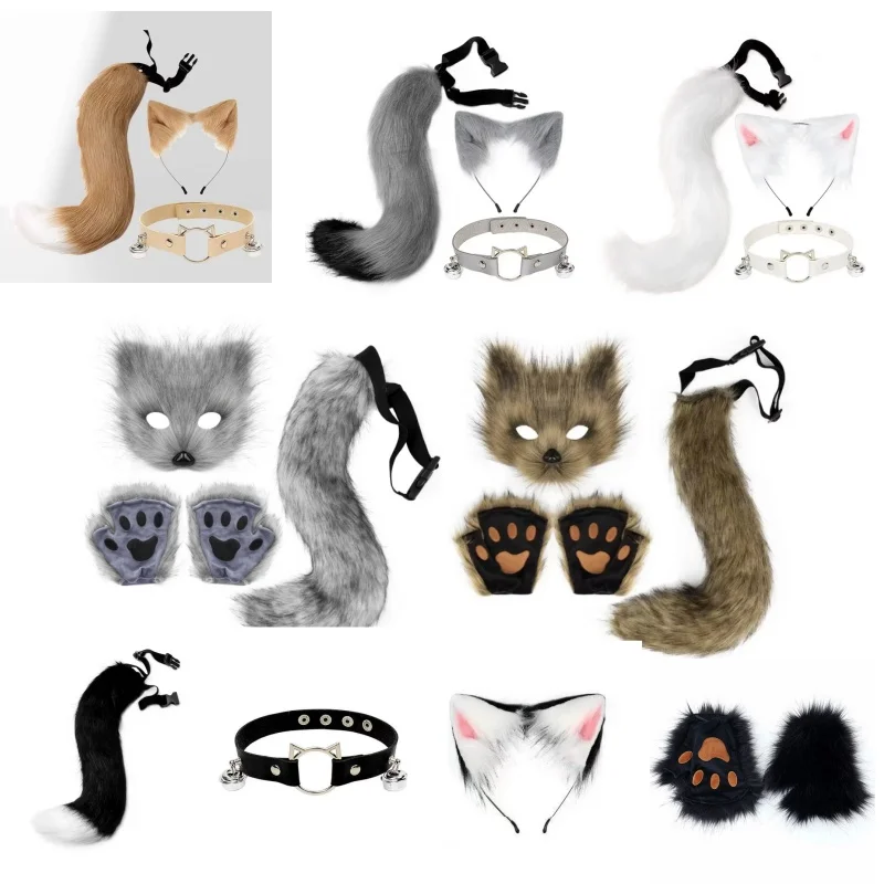 

Halloween Leather Neck Set Cat Ears and Wolf Fox Animal Tail Cosplay Costume Faux Fur Hair Clip Headdress