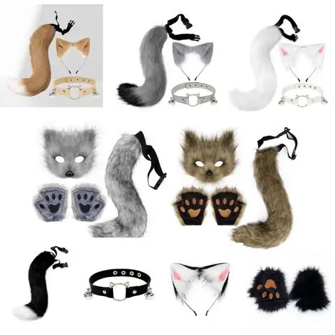 Halloween Leather Neck Set Cat Ears and Wolf Fox Animal Tail Cosplay Costume Faux Fur Hair Clip Headdress