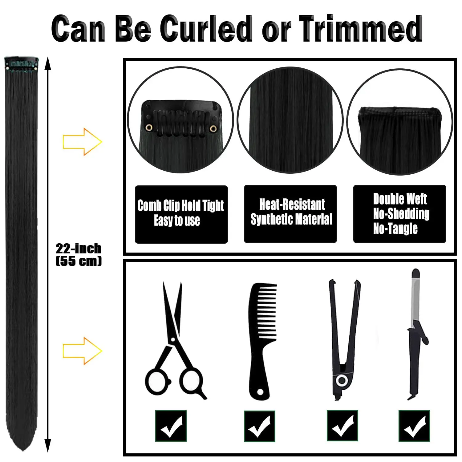 12 قطعة من وصلات الشعر الاصطناعية السوداء الطويلة المستقيمة بمشبك ملون للحفلات يسلط الضوء على قطع الشعر للنساء والأطفال والبنات في الهالوين