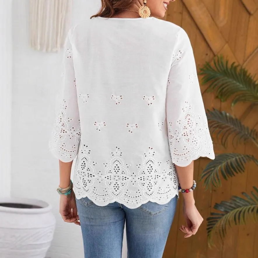 Summer Women's Blouse Sweet Lace V Neck 3/4 Sleeve Blouses White Boho Style Loose Fit Chiffon Blouse Black Scalloped Hem Top