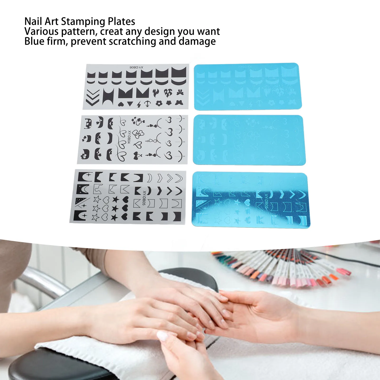 3 Set Nail Art Stamping Plates Stainless Steel Protective Blue Film Different Patterns Fingernails Template Stencil Stamps