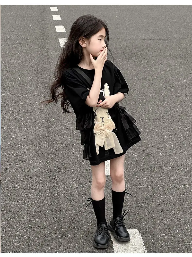 2026 Neues Sommer-T-Shirt-Kleid für Mädchen mit Hasen-Print und Schleife, lockeres langes Kinder-T-Shirt-Oberteil für Mädchen von 5-16 Jahren – Detail 11