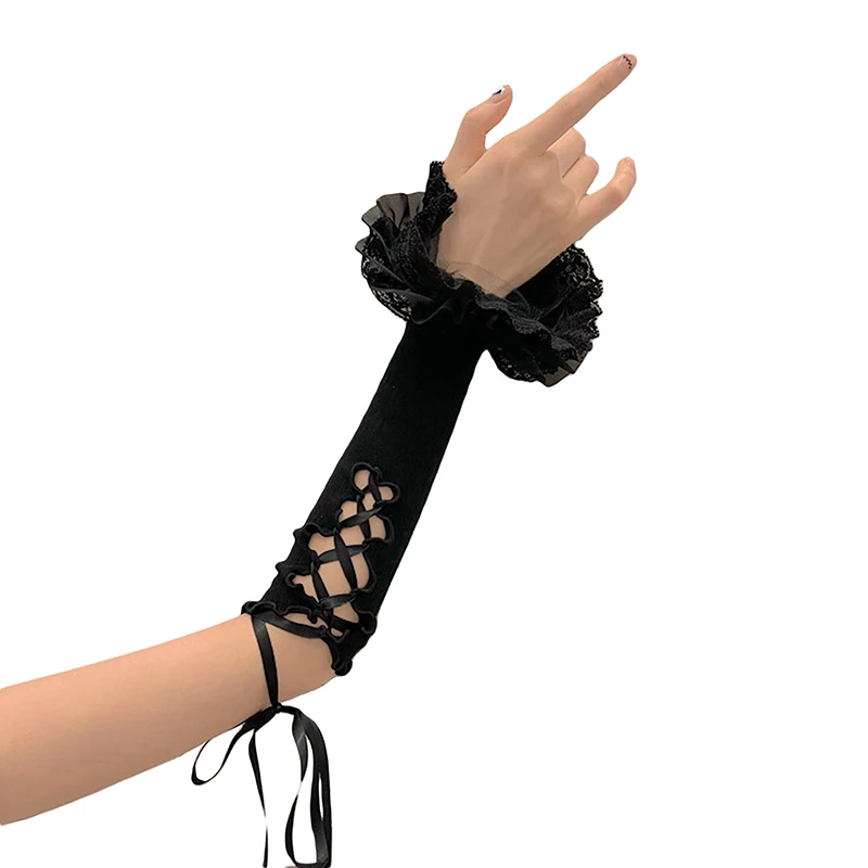 Women Fingerless Gloves Cross Tie-up Elbow Length Arm Warmers Sleeves Lolita Costume Accessories