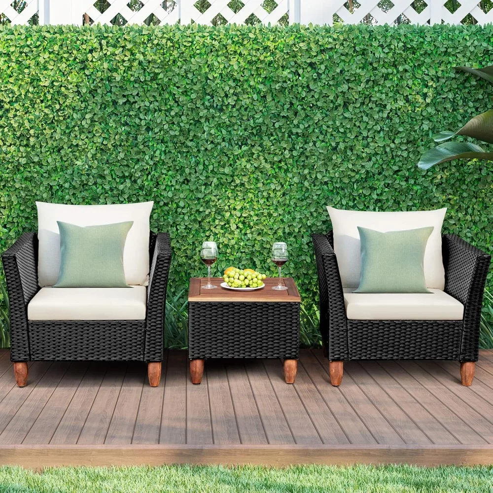 

3 Piece Patio Furniture Set,Outdoor Wicker Rattan Bistro Sofa Set w/Washable Cushion, Acacia Wood Top Coffee Table