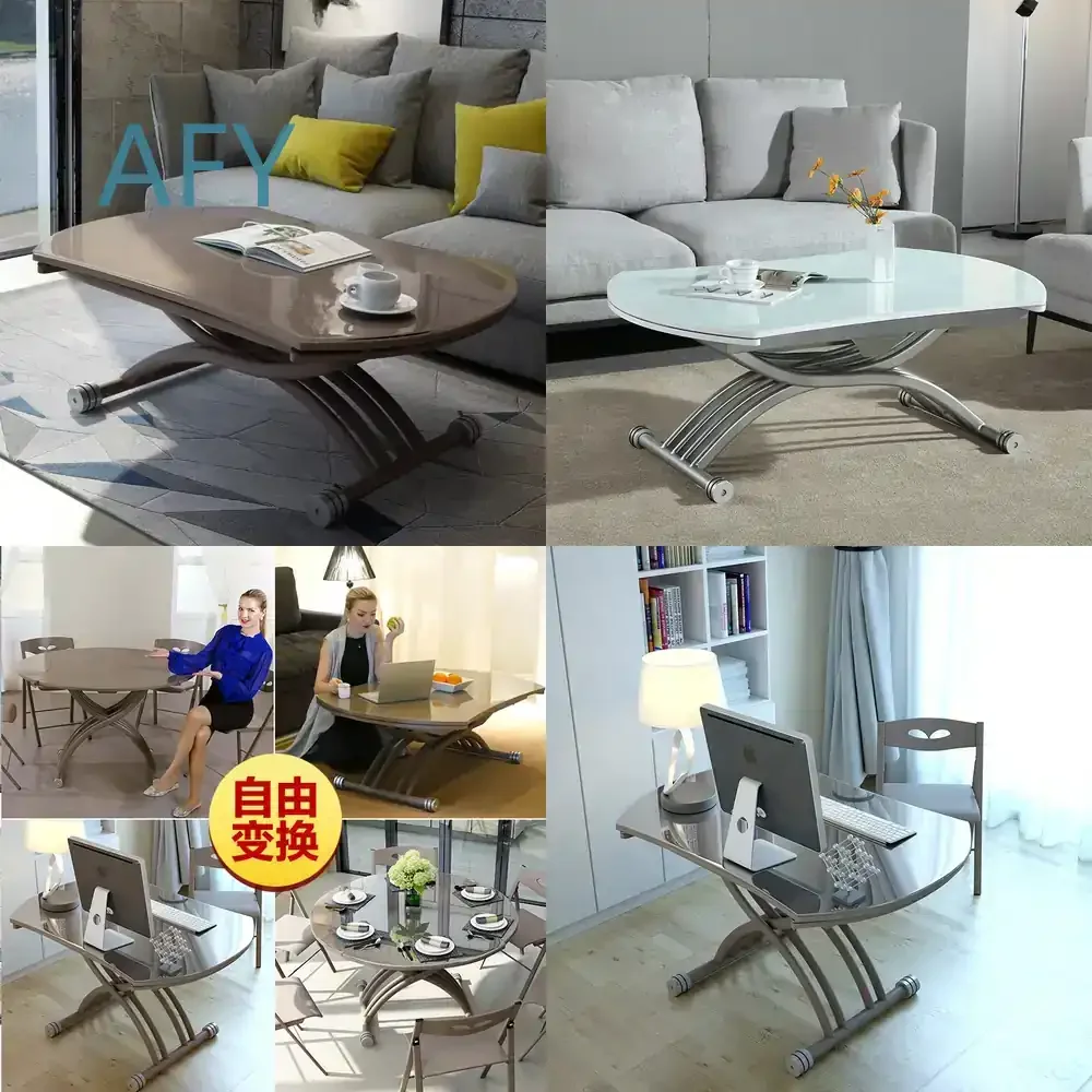 Lifting Coffee Table for Living Room Dual Purpose Square Round Movable Tempered Glass Dining Table Multi Functional Height