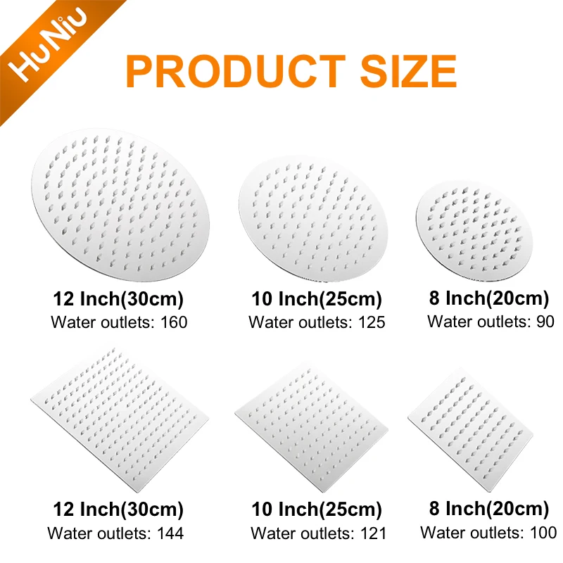 HuNiu หัวฝักบัว 8/10/12 นิ้ว 304 สแตนเลสสตีล Ultrathin TOP Sprayer หัวฝักบัวสําหรับห้องน้ําสีดําหัวฝักบัวด้านบน