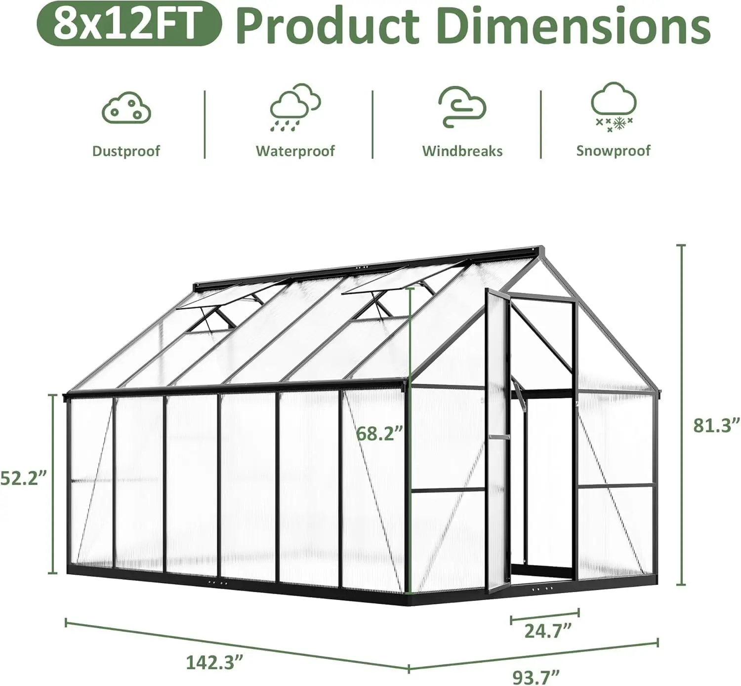 8x12 FT Outdoor Walk-in Polycarbonate Greenhouse, Customi