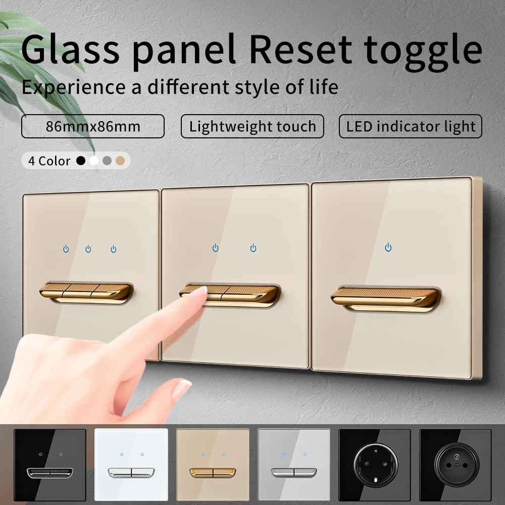 

Gold Tempered Glass Wall Switch Panel Led European 16a Socket Retro Toggle Light Switch Eu Uk Standard 2usb Socket 1Gang-4gang