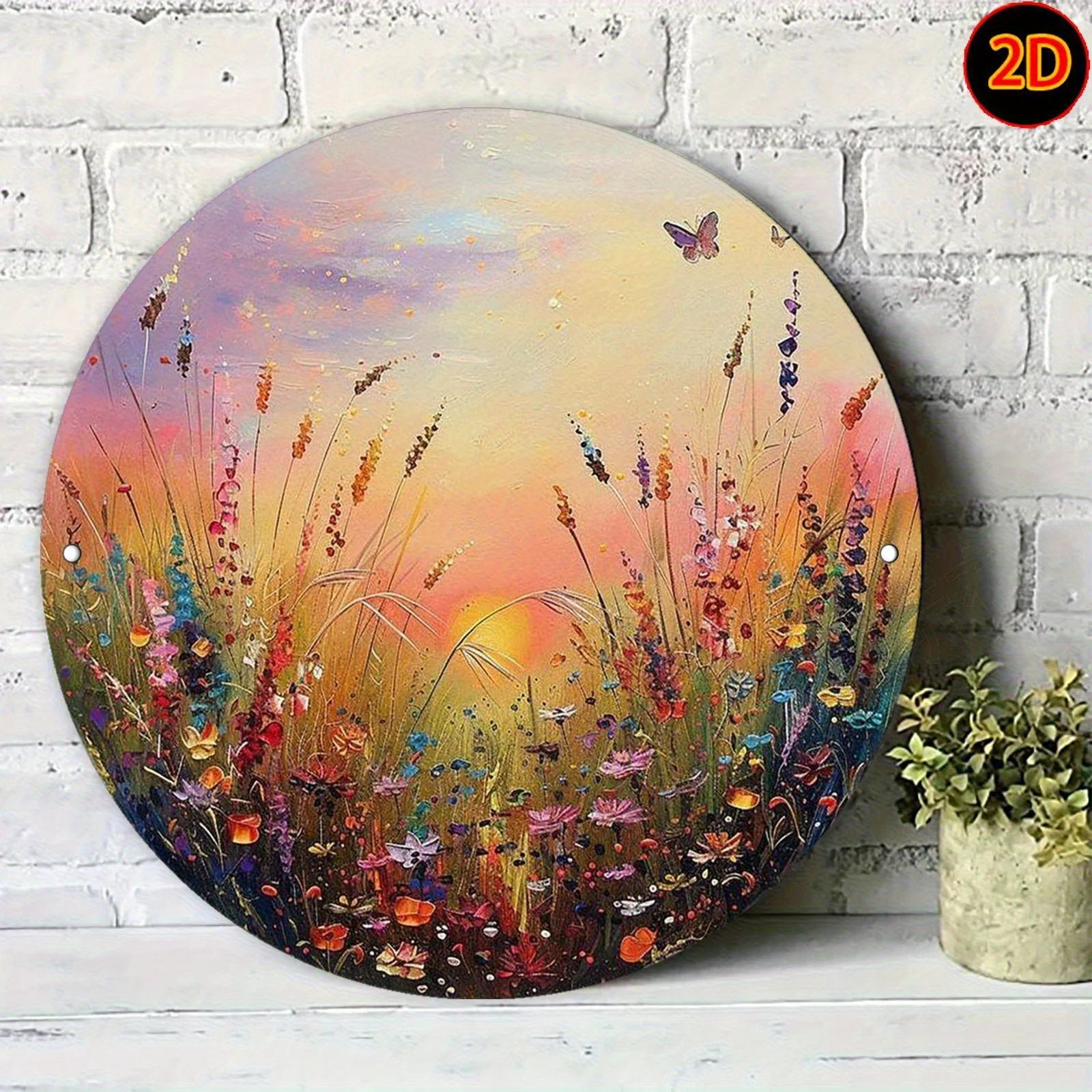2D Flat - [2D Flat] A 2D Flat Printed Retro-Style Round Aluminum Skin Painting, Idyllic Floral Sunset Butterfly Scene Artwork Lo