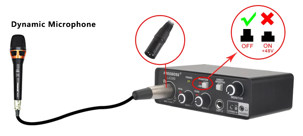 FREEBOSS Stereo Recording Audio Interface Guitar ASIO4ALL 3 Channels Input Monitor 48V External Usb Sound Card for Studio UC26