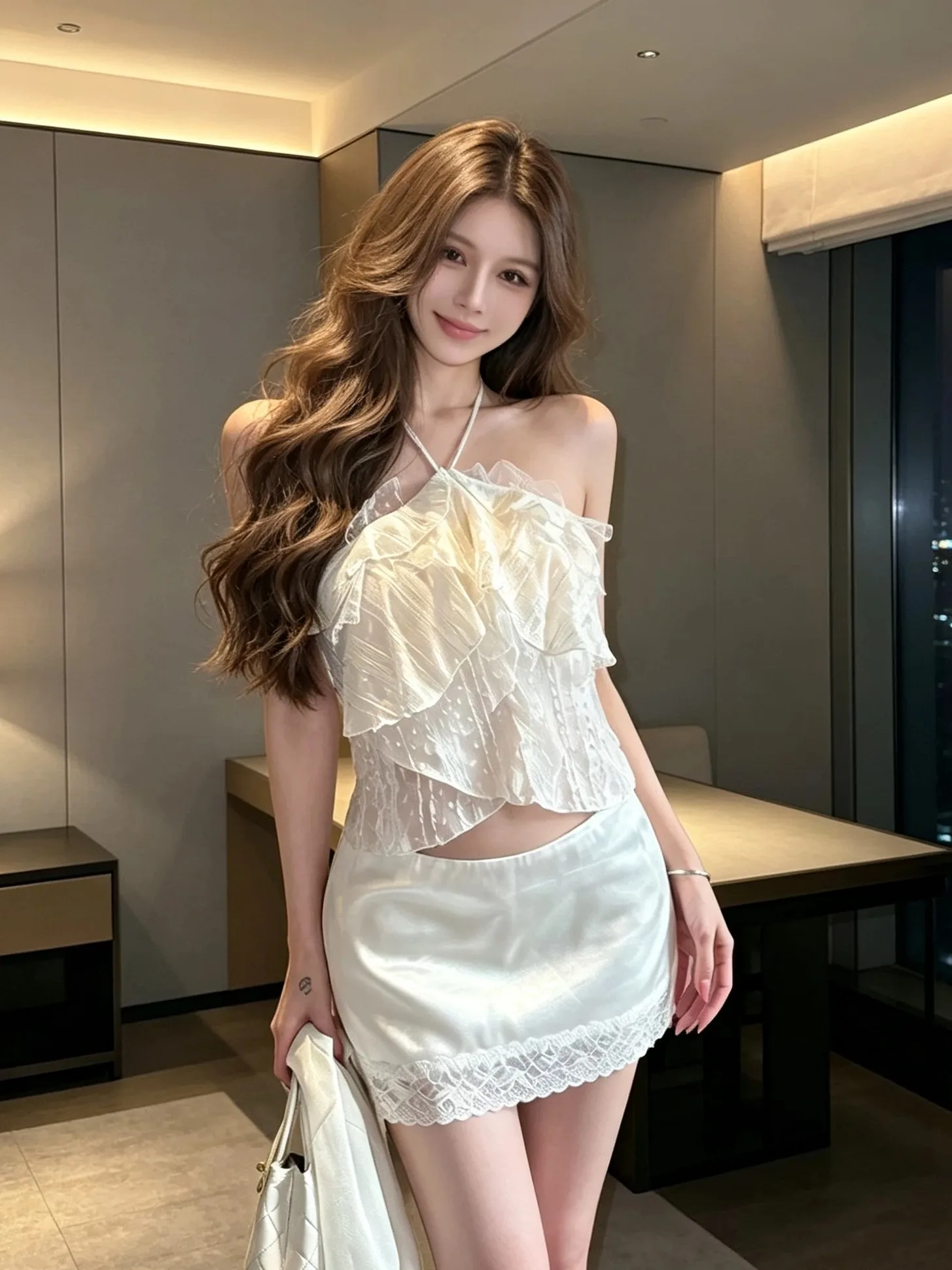 Satin Lace Patchwork Design Half Skirt Women's Slim Fit Short Skirt Sexy Pure Desire Autumn New Style Commute High Waist Zipper