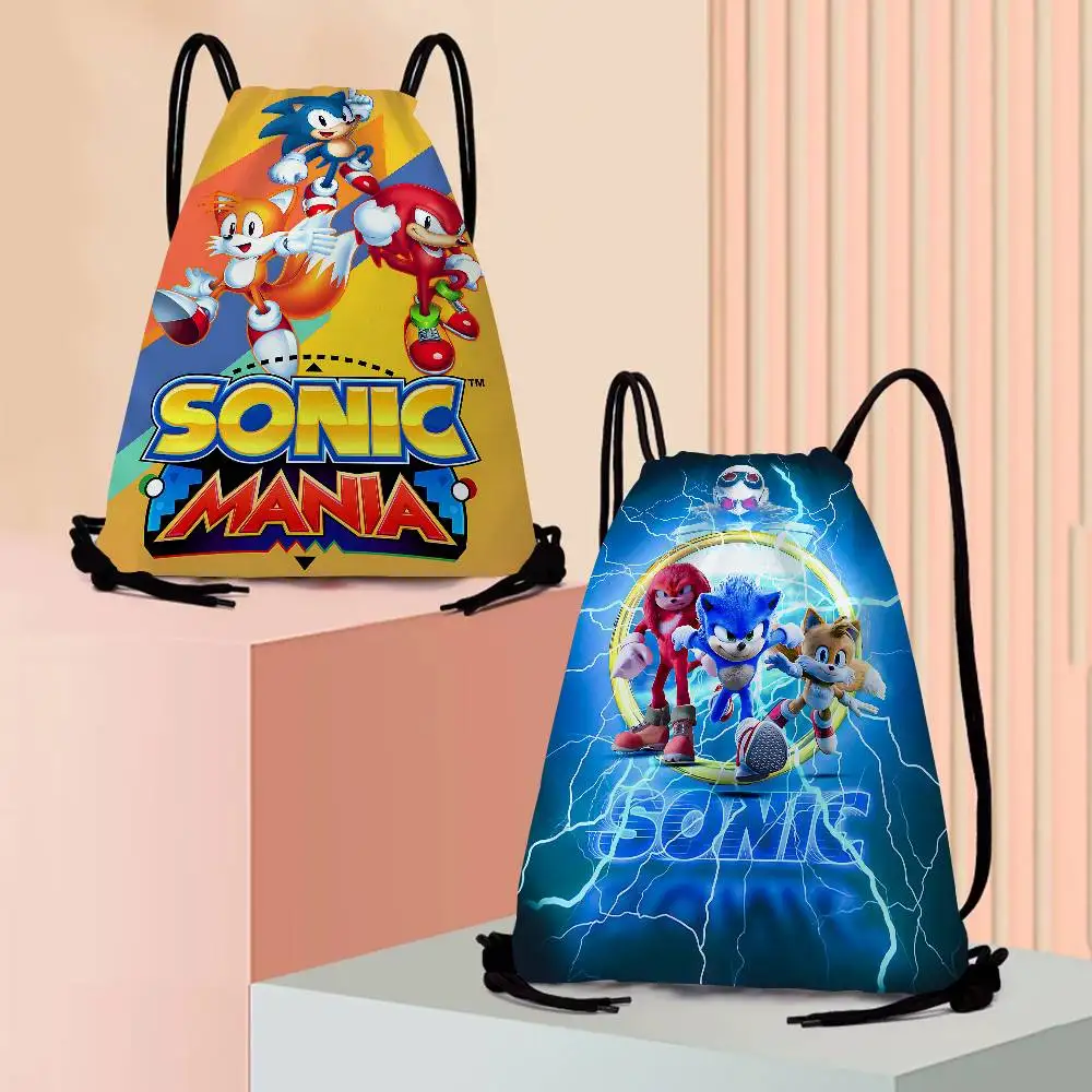 Mochila con cordón estampada de Sonic The Hedgehog, películas de juegos animadas populares, bolsa de almacenamiento portátil para deportes de playa y Fitness