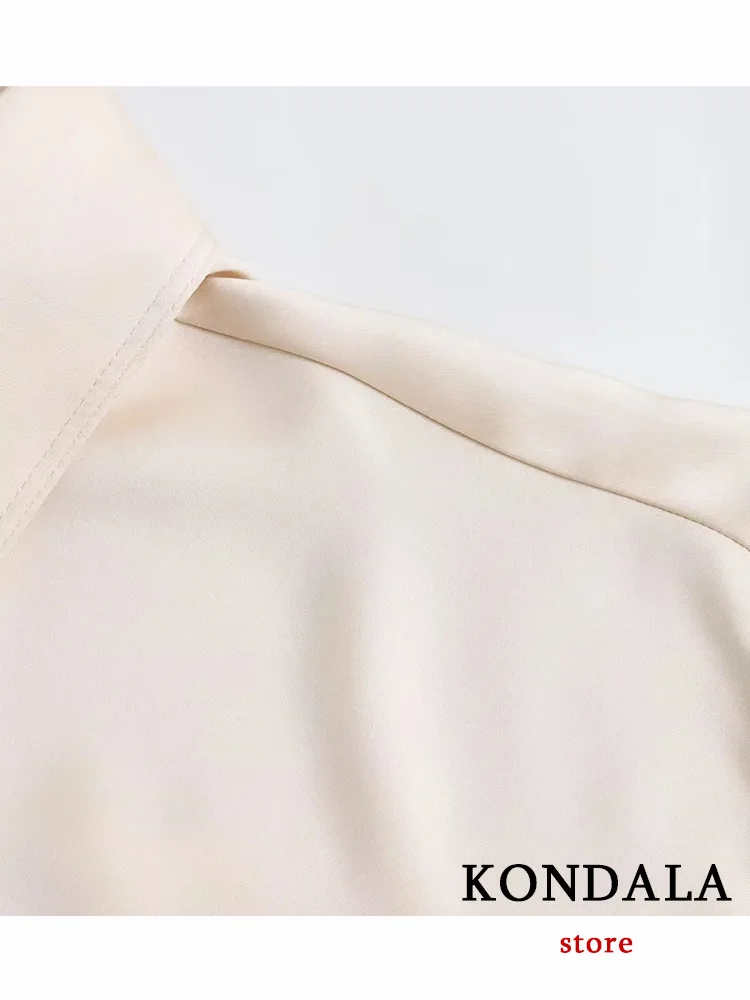 KONDALA Vintage Beige Satin Women Suit Turn-down Collar Single Breasted Blouse Loose Long Straight Skirt Fashion 2023 Autumn Set