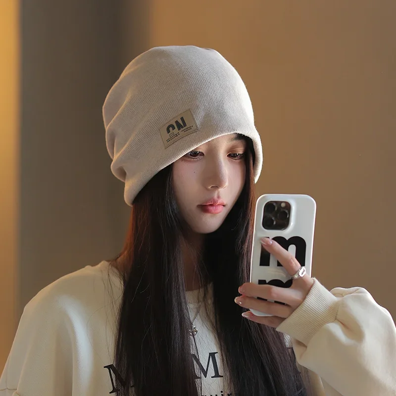 Women Autumn Winter Warm Soft Knitted Wool Slouchy Beanie Hat Postpartum Confinement Versatile Face Slimming Small Cap Comfortab