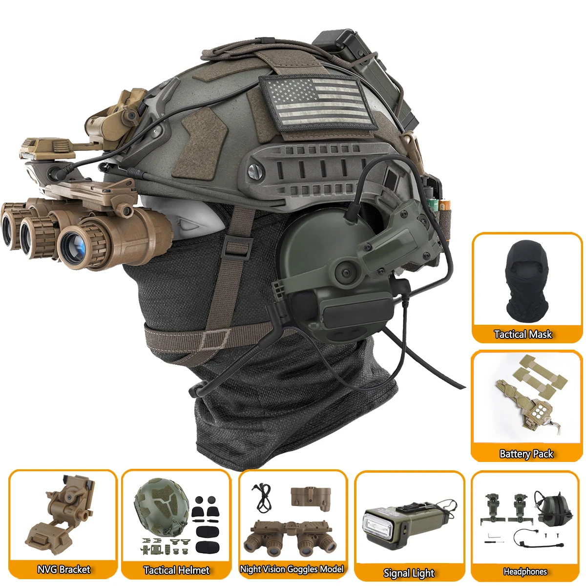 

Airsoft Tactical Fast Helmet with Tactical Headset Survival Light NVG Bracket Battery Pack Weight Bag Mask for Outdoor CS Game