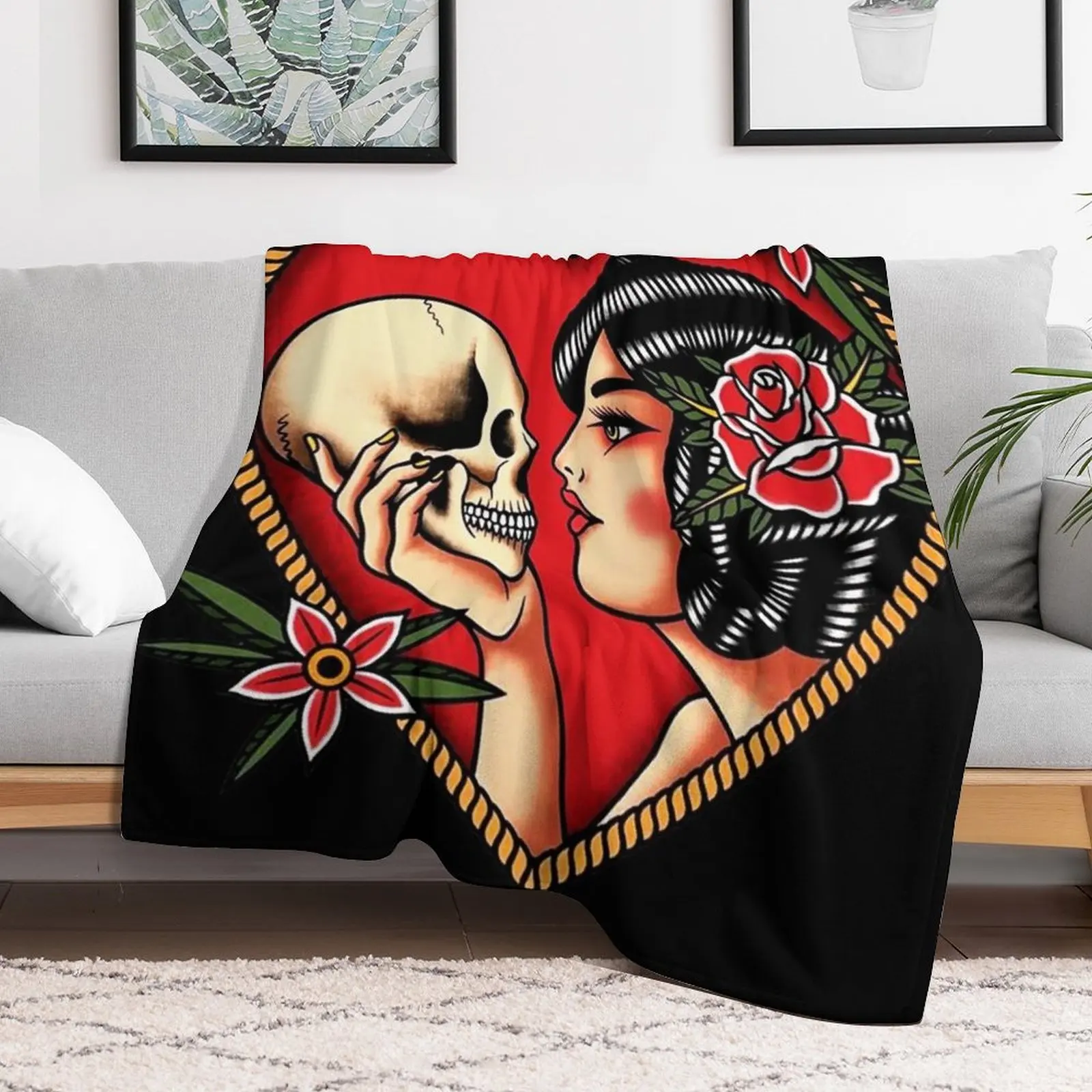 Traditional Beautiful Flapper in Heart Holding Skull Tattoo Throw Blanket anime Custom Furrys Blankets