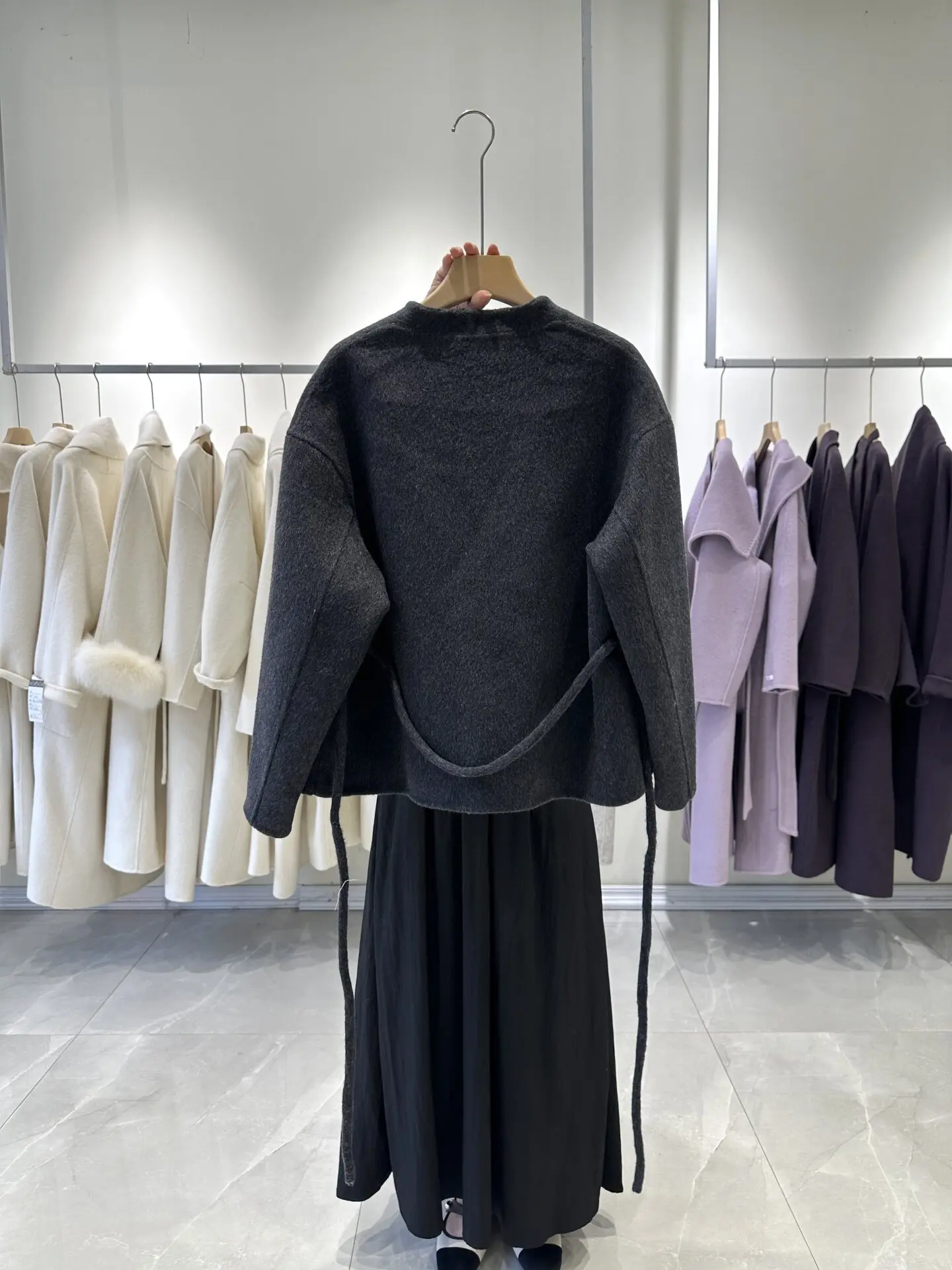 Chic Autumn Winter Lapel Double Face Wool Coat Women Short Waist Tie Loose French Woolen Outerwear Ladies Elegant Warm Jacket