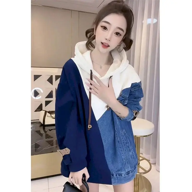 Imagem -02 - Denim Retalhos Hoodies Feminino Oversized Cabolsa com Capuz Primavera Outono Tendência Fina Solta Hoodie Moda Cor Contraste Topo Y2k Roupas