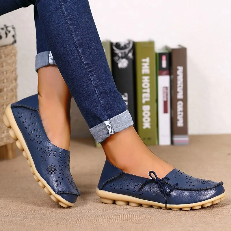 Genuine Leather Women Flats Fashion Casual Women Shoes Hollow Women\'s Shoes Slip On Flat Shoes Ballerina Plus Size Zapatos Mujer