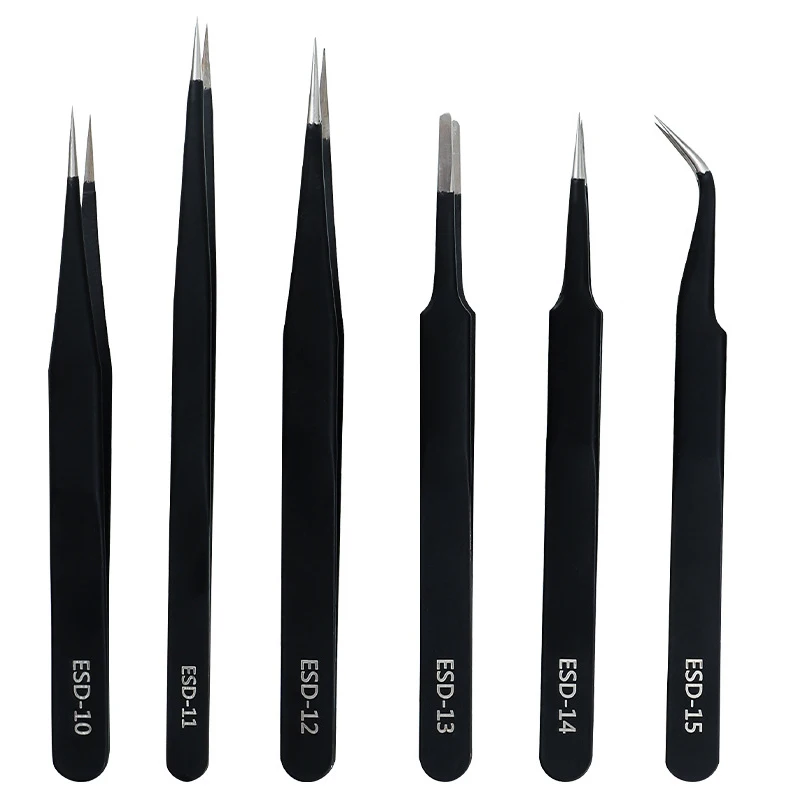 6pcs ESD Safe Anti-Static Tweezers Set Maintenance Watch Repair Tools Kits Electronic Rework Tool Set DIY Tools