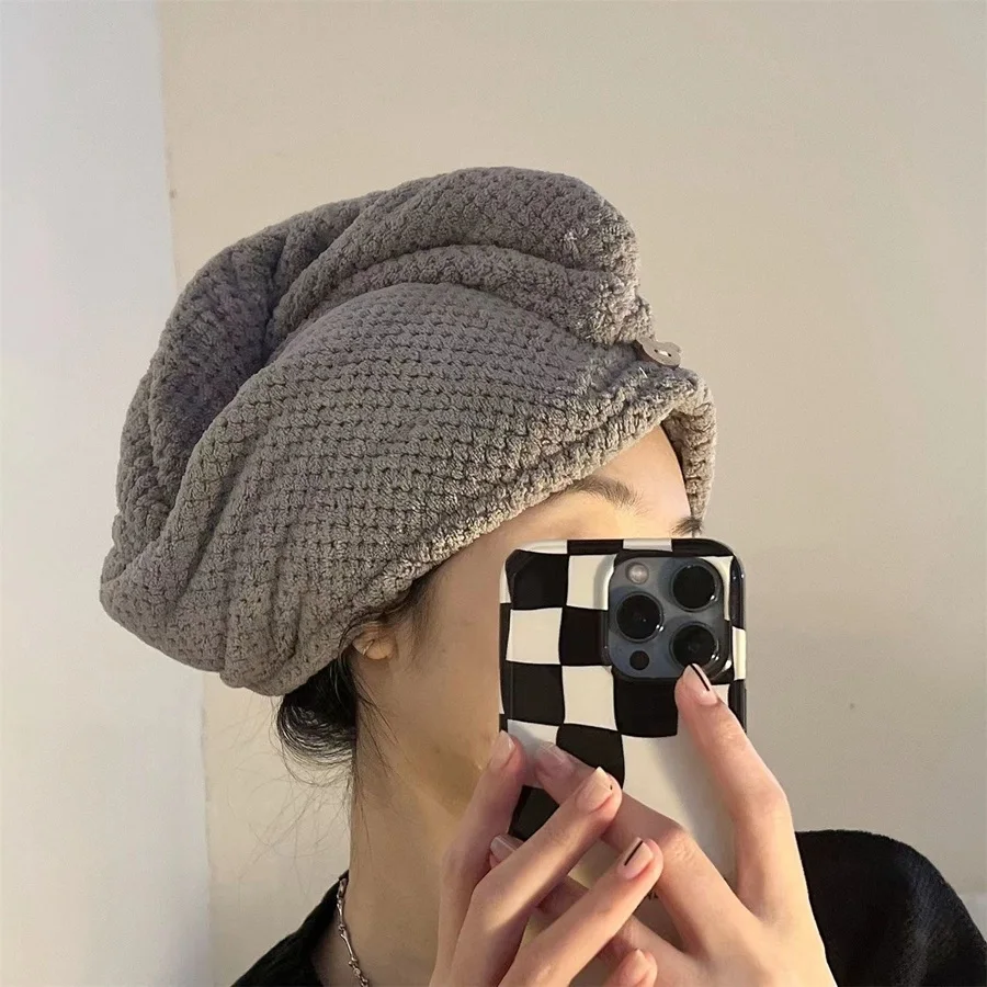 High Density Coral Fleece Quick Drying Female Dry Hair Cap Double Layer Thickened Absorbent Pineapple Grid Soft Towel Set
