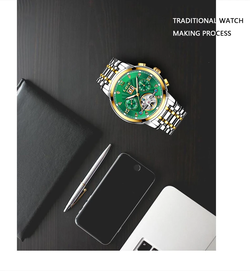 LIGE Automatic Watch for Men Top Original Luxury Skeleton Flywheel Mechanical Wristwatches Classic Calendar Business Man Watch