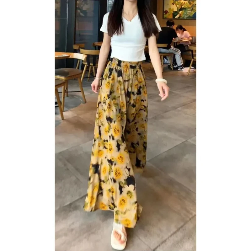 Vintage Fashion Summer New Skirt Pants Women Elastic High Waist Striped Printing Pocket Polka Dot Korean Loose Wide Leg Trousers