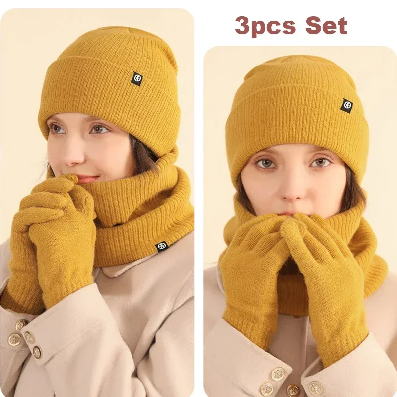 3pcs Women Winter Set Beanie Hat Gloves Snood Scarf  Skull Caps Fleece Lined Neck Scarves Winter Cap Snood Gloves Set for Men