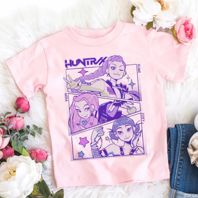 Pescoço redondo básico meninos topos camisas casuais caçadores de demônio t camisa crianças dos desenhos animados anime meme impressão roupas mulher homem