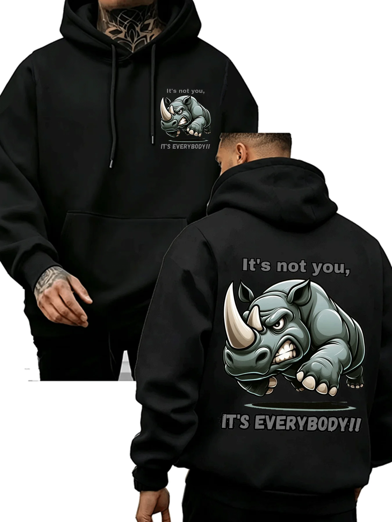 Men's hooded sweatshirt single piece - Angry Rhino textprintpulloverhoodieStreet fashionlong-sleeved top Fall/Winterailywear