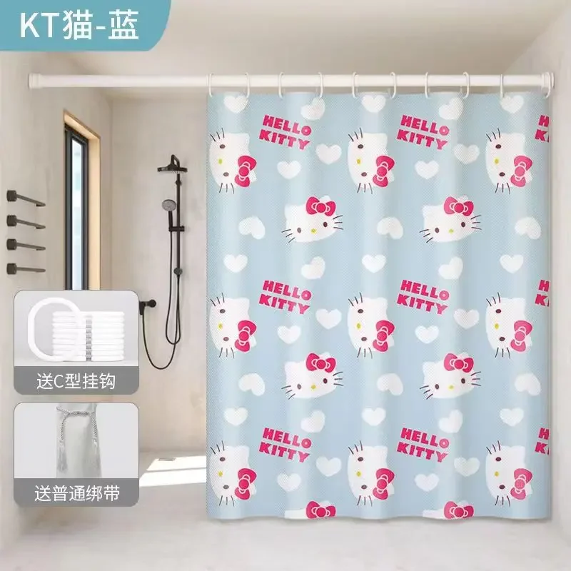 Blue Pink Kawaii Hello Kitty Cartoon Shower Curtain Waterproof  Polyester Bathroom Curtain with Hook Gift