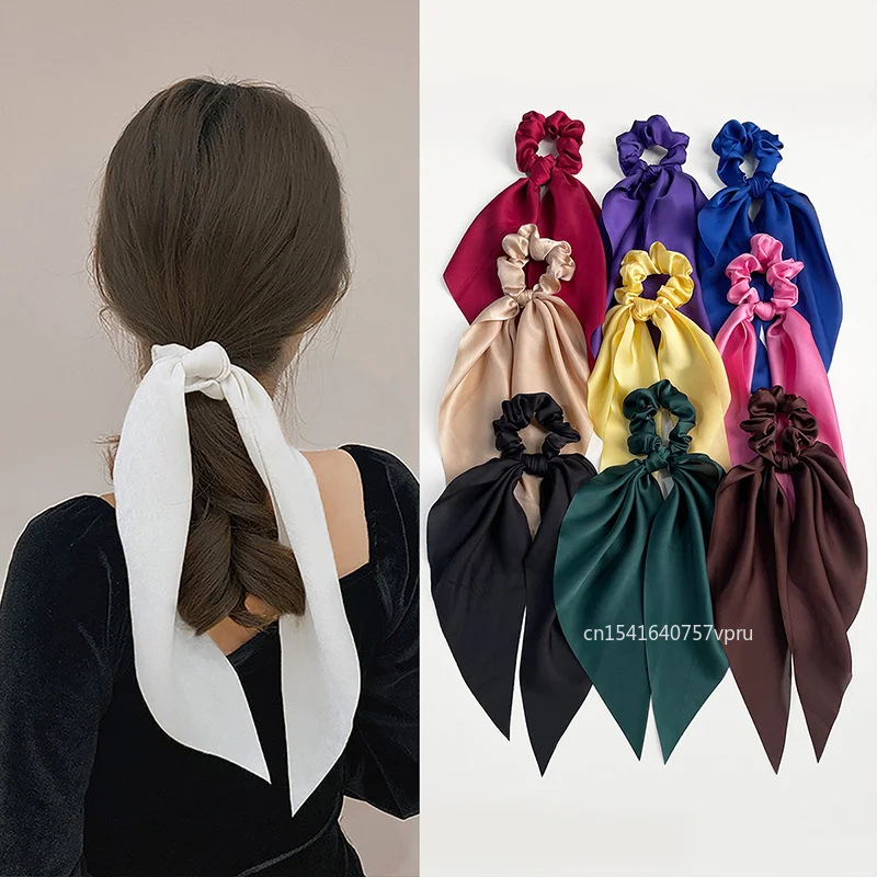 Moda tinta unita fiocco in raso lungo nastro coda di cavallo sciarpa cravatta per capelli Scrunchies donne ragazze fasce elastiche per capelli