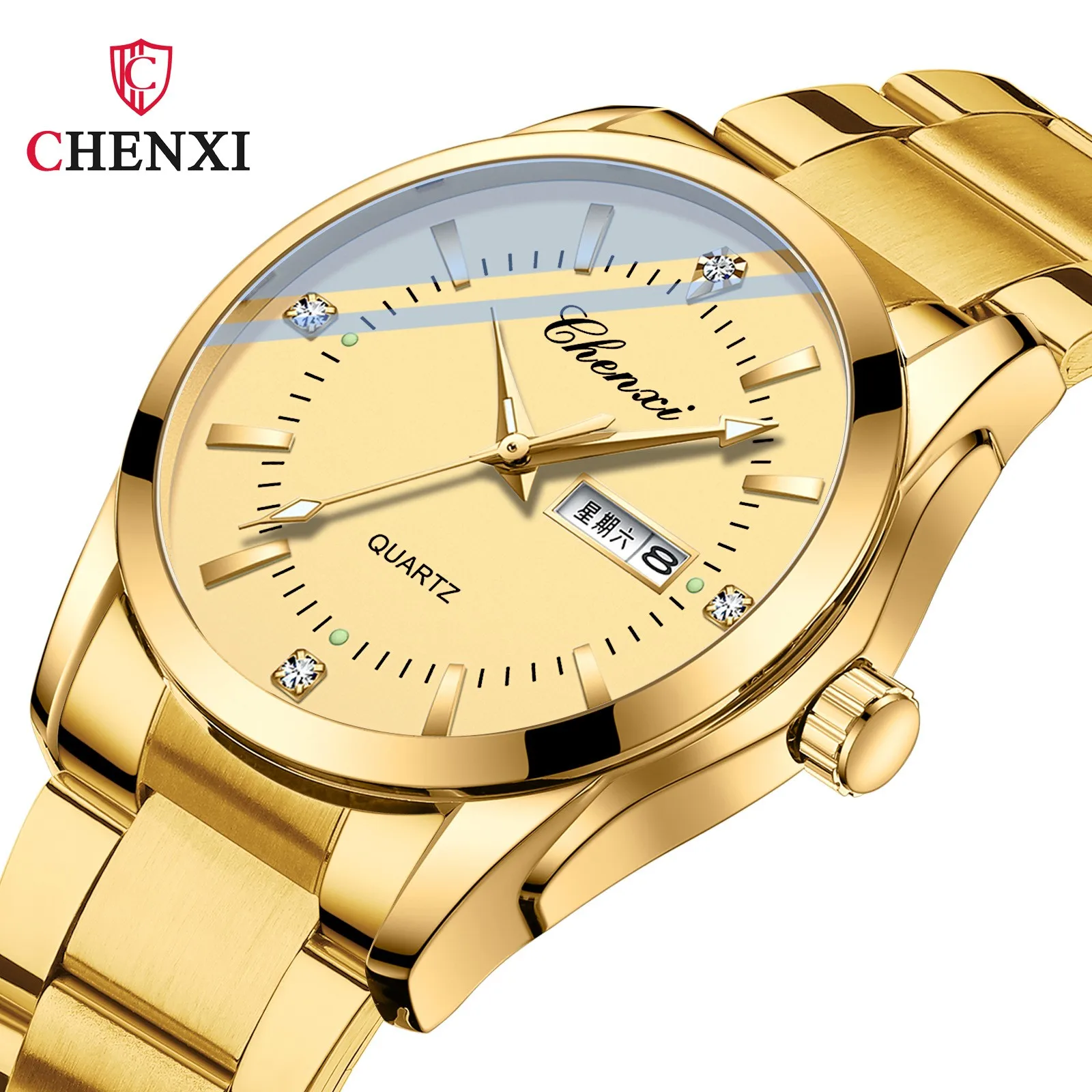 Chenxi-Reloj de acero inoxidable para hombre y mujer, cronógrafo de lujo con correa dorada, resistente al agua, 2023