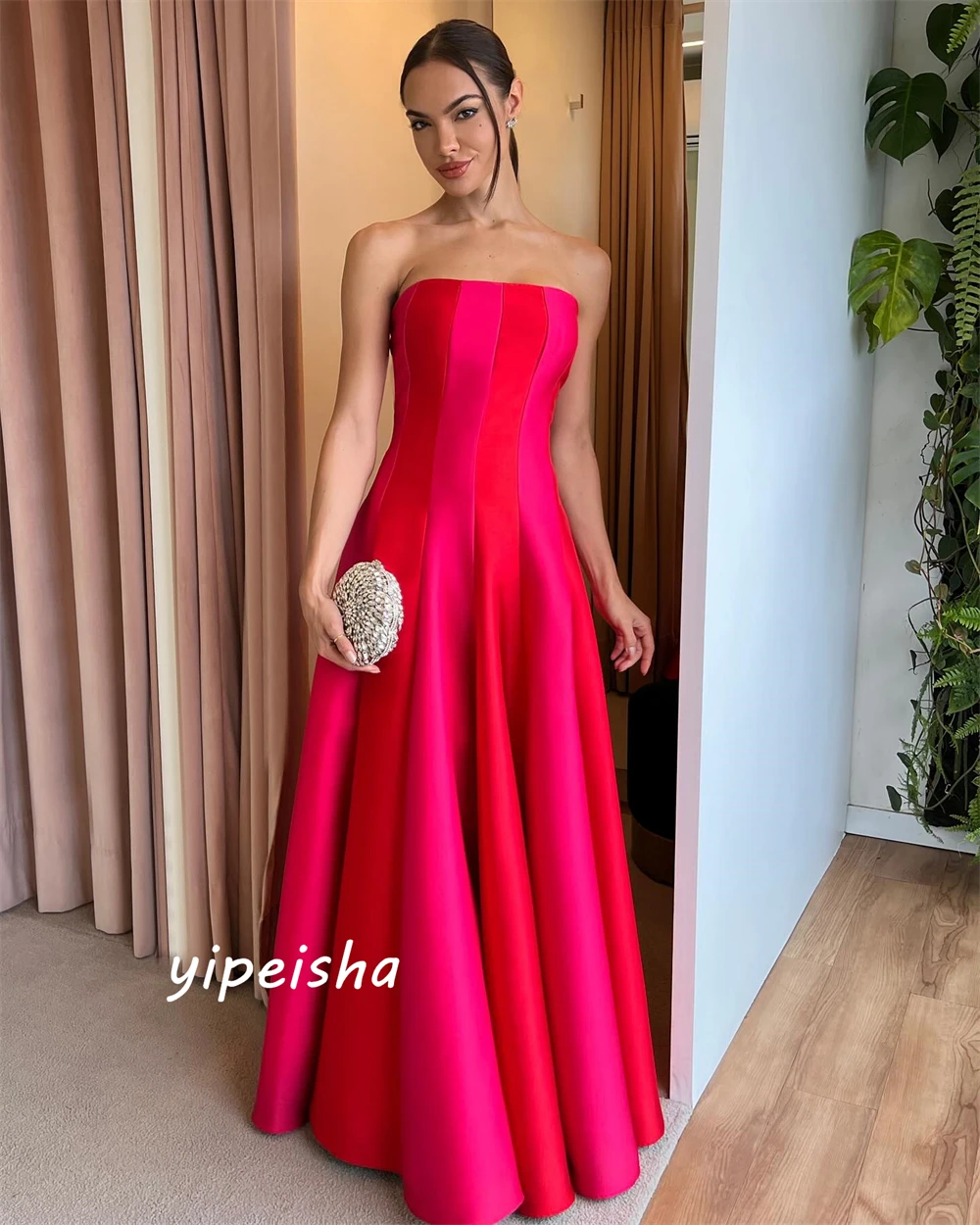 Customized    Simple Customized Celebrity es Strapless Draped Floor Length Satin Evening