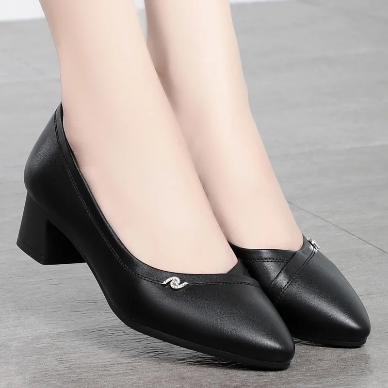 Women Fashion High Quality Black Soft Leather Office Shoes  High Heel Dress Singles Pumps For Party Anti-slip Comfortable Grace