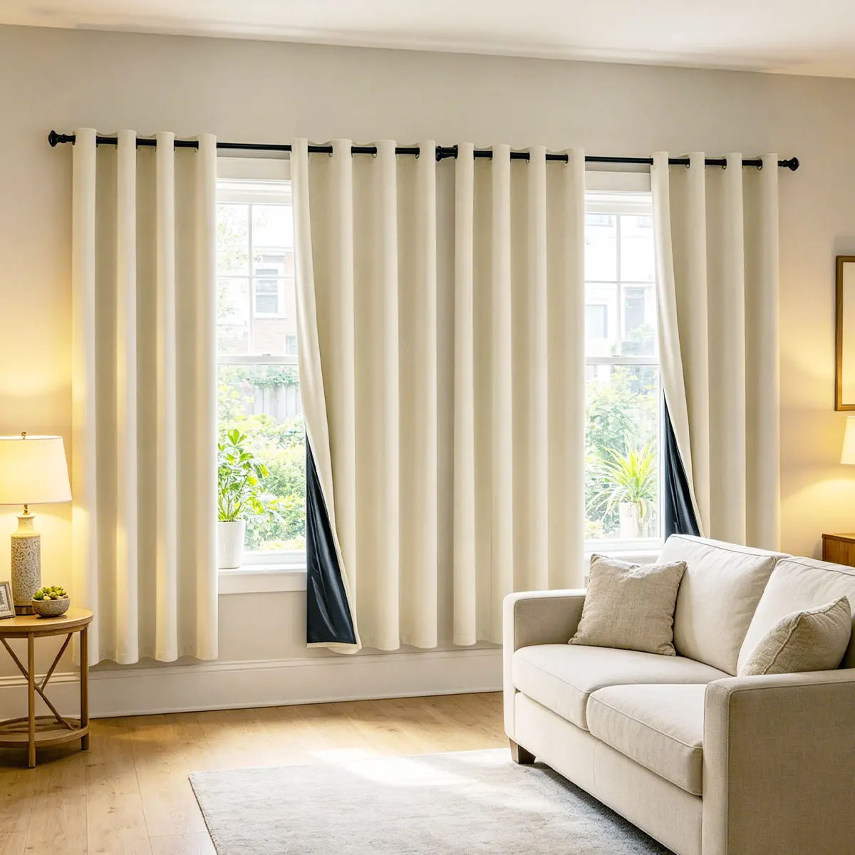 Modern Minimalist Beige Eyelet Window Curtains, 4 Panels 4-Side Black Coating Full Blackout Thermal Drapes for Bedroom Living Room Apartment Home Decor
