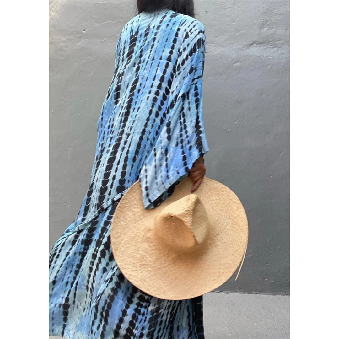 Neues, bedrucktes Langarm-Tunika-Strandkleid mit Gürtel in 10 Farben, Strandkleid, Strandmode, Damen V4521 – Detail 24