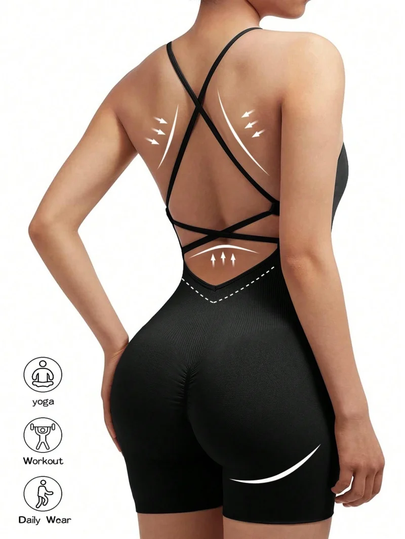 Sexy Fitness Jumpsuit Women Cross Adjustable Sports Playsuit Running One Piece Yoga Suit Scrunch Shorts Backless Set Romper