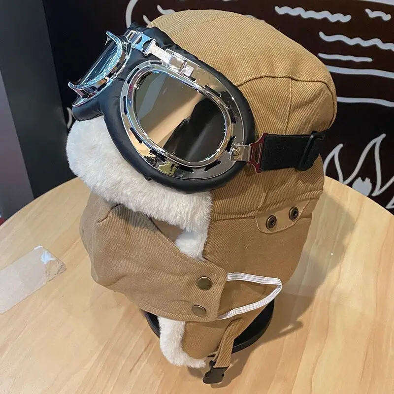 Winter Plush Earflap Aviator Bomber Hat Face Mask Goggles Ski Riding Biking Snow Thicken Warm Cotton Cap Glasses Women Windproof