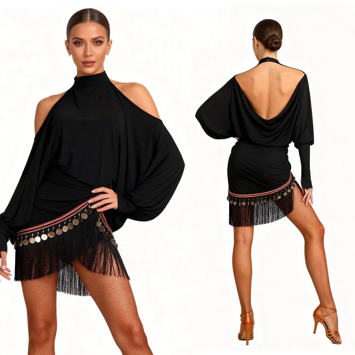 

2026 Latin Dance Top Modern Dance Loose Off Shoulder Backless Top Practice Costume Rumba Tango Dance For Adult Wear DQL12378