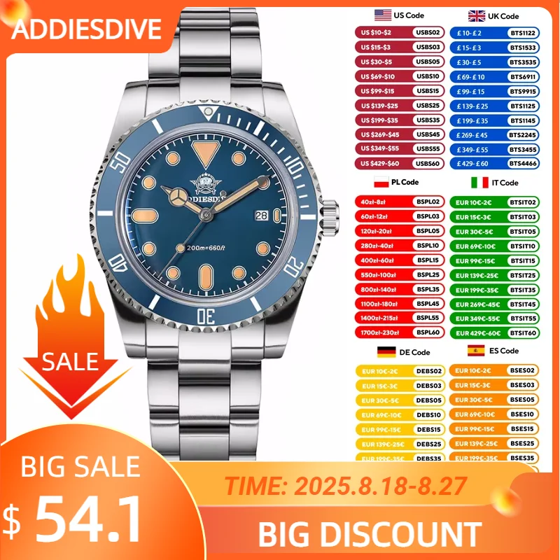 

ADDIESDIVE 39mm NEW Men's Analog Watch Simple Bubble Mirror Glass 200m Waterproof Luminous Diving Quartz Watches For Men AD2501