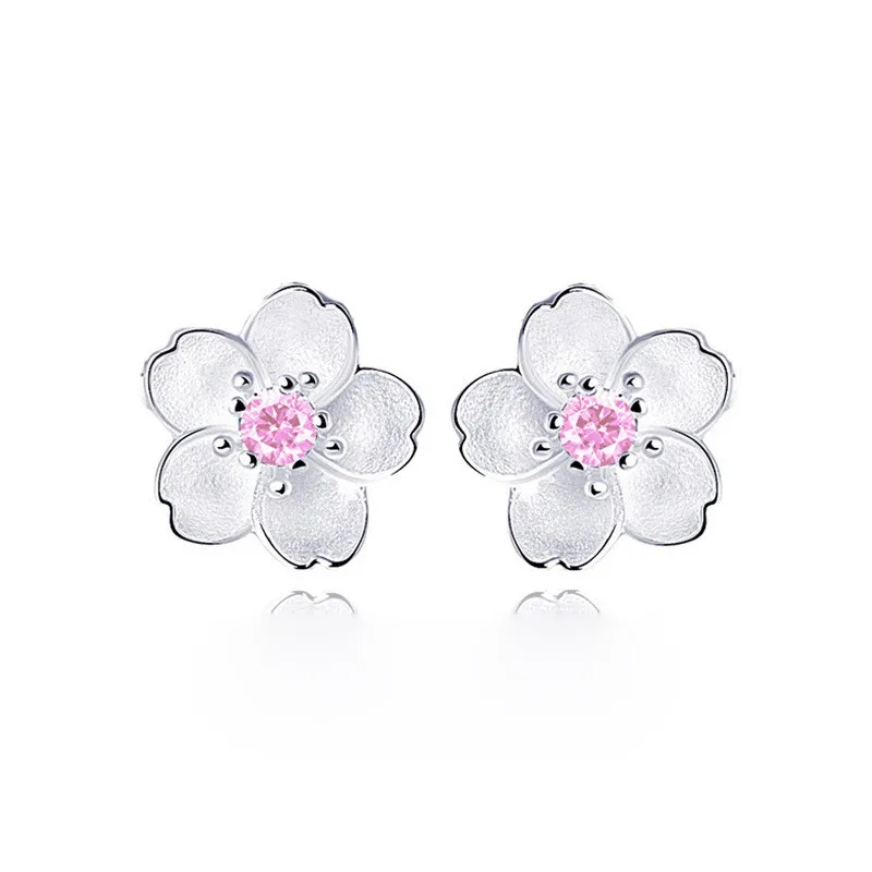 New Handmade 925 Sterling Silver Sakura Flower Purple Pink Rhinestone Stud Earrings For Women Girl Sterling-Silver-Jewelry LE214