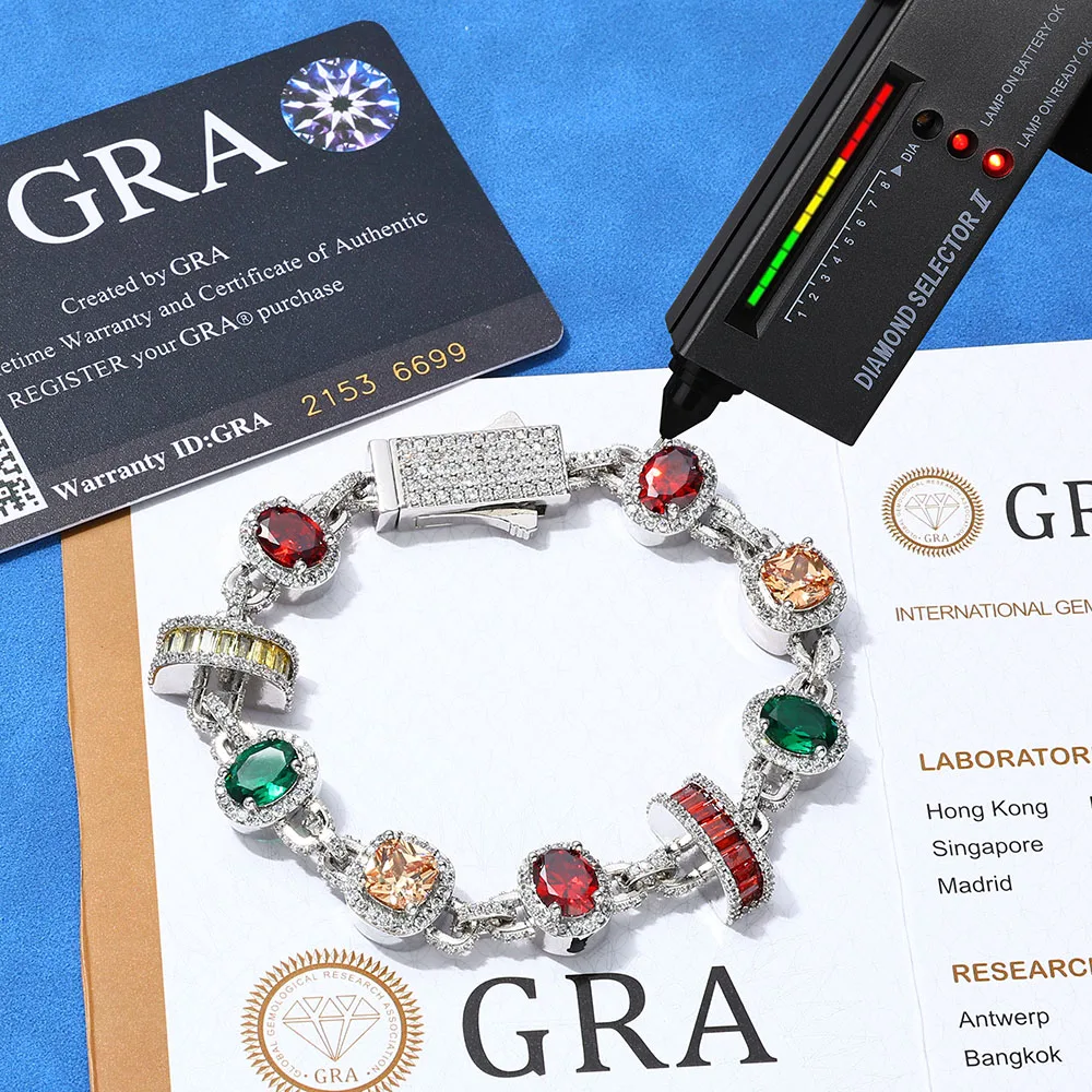 ESKEEM 15mm New Arrival Hip Hop Necklace 925 Silver Platinum Geometric Chain Colorful CZ White VVS Moissanite Jewelry