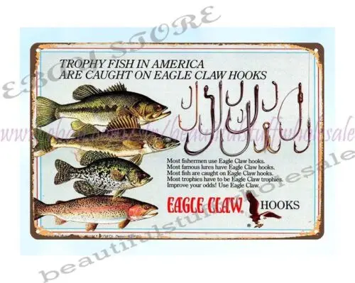 purchase art 1983 America Trophy Fish Caught on Eagle Claw Hooks metal tin sign