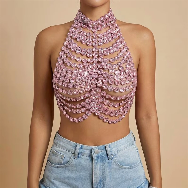Damen Große Strass-Neckholder-Körperkette Top Funkelnder Kristall-Harness Crop-Top Körperschmuck Nachtclub Rave Party Kostüm Dropshipping – Detail 2